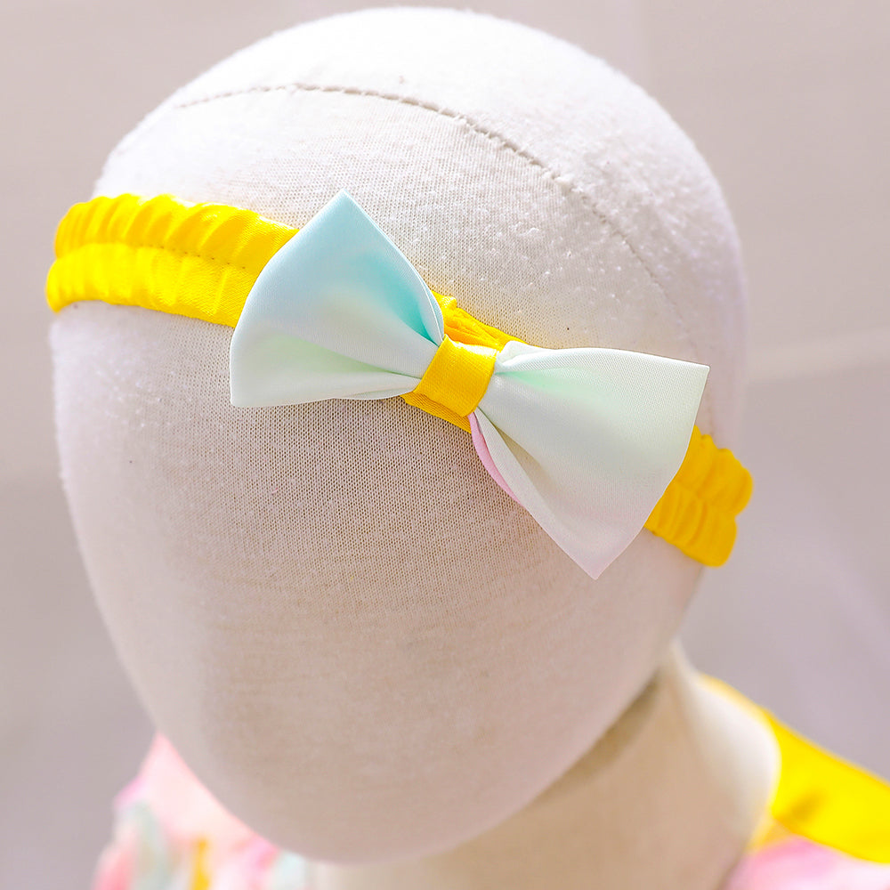 Girls Yellow Floral Round Neck Bow Fit & Flare Dress