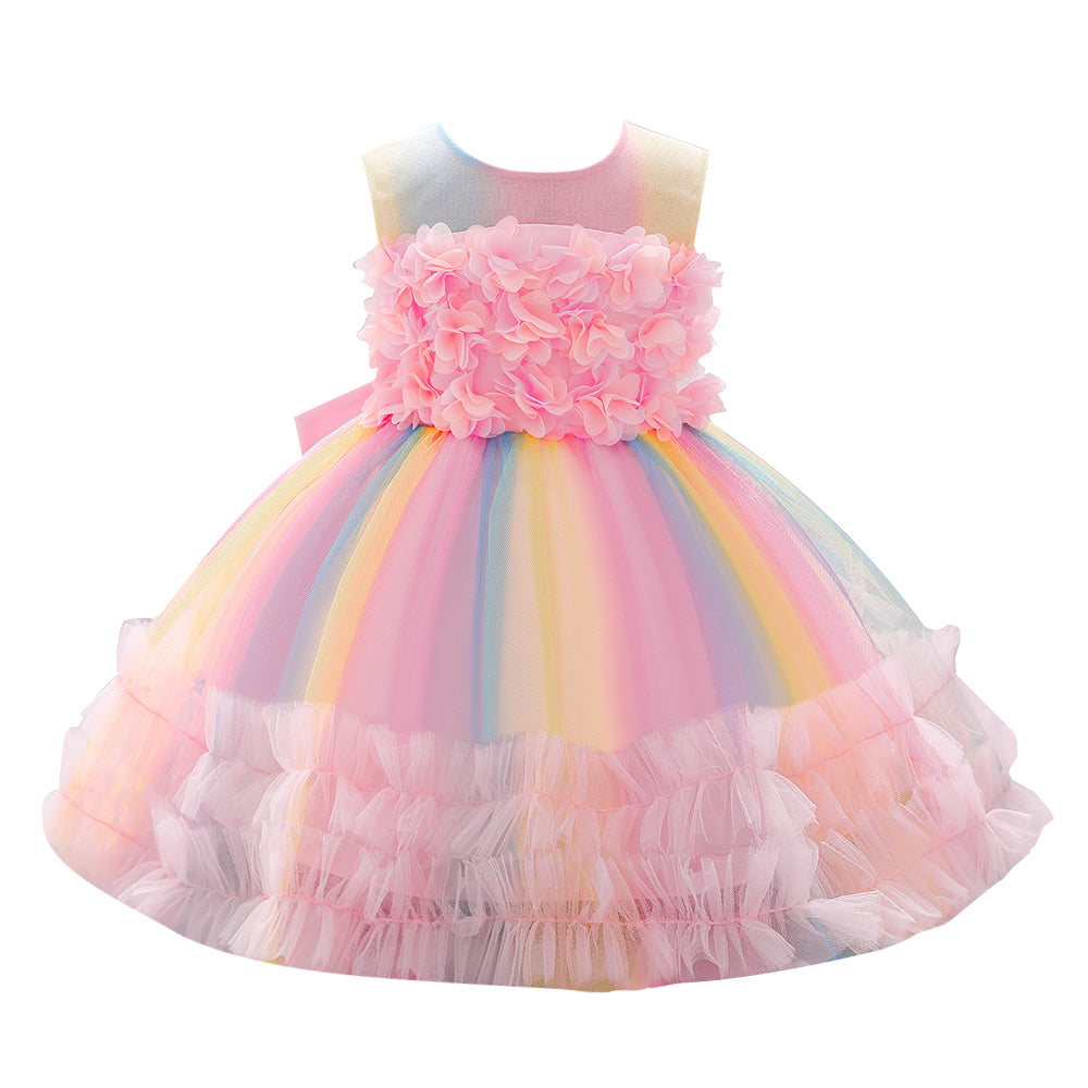 Girls Pink & Blue Floral Applique Sleeveless Balloon Dress
