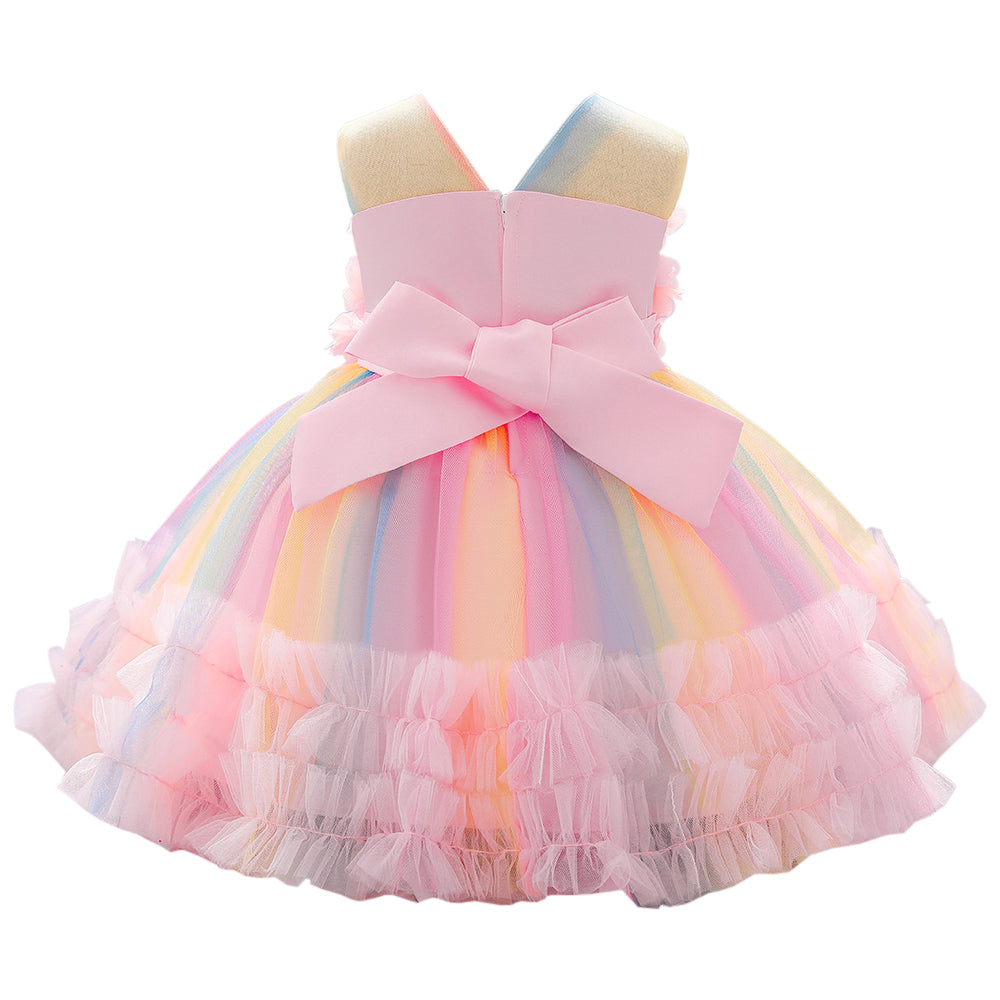 Girls Pink & Blue Floral Applique Sleeveless Balloon Dress
