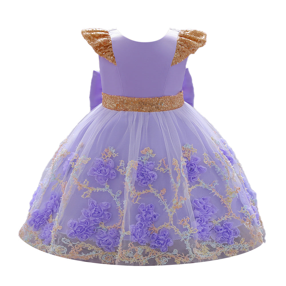 Girls Purple Floral Embroidered Bow Fit & Flare Midi Dress