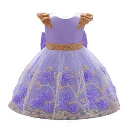 Girls Purple Floral Embroidered Bow Fit & Flare Midi Dress