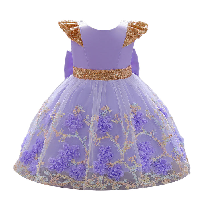 Girls Purple Floral Embroidered Bow Fit & Flare Midi Dress