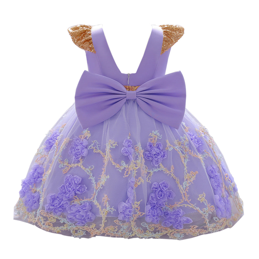 Girls Purple Floral Embroidered Bow Fit & Flare Midi Dress