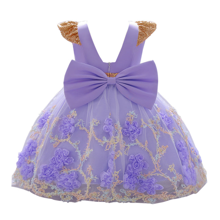 Girls Purple Floral Embroidered Bow Fit & Flare Midi Dress