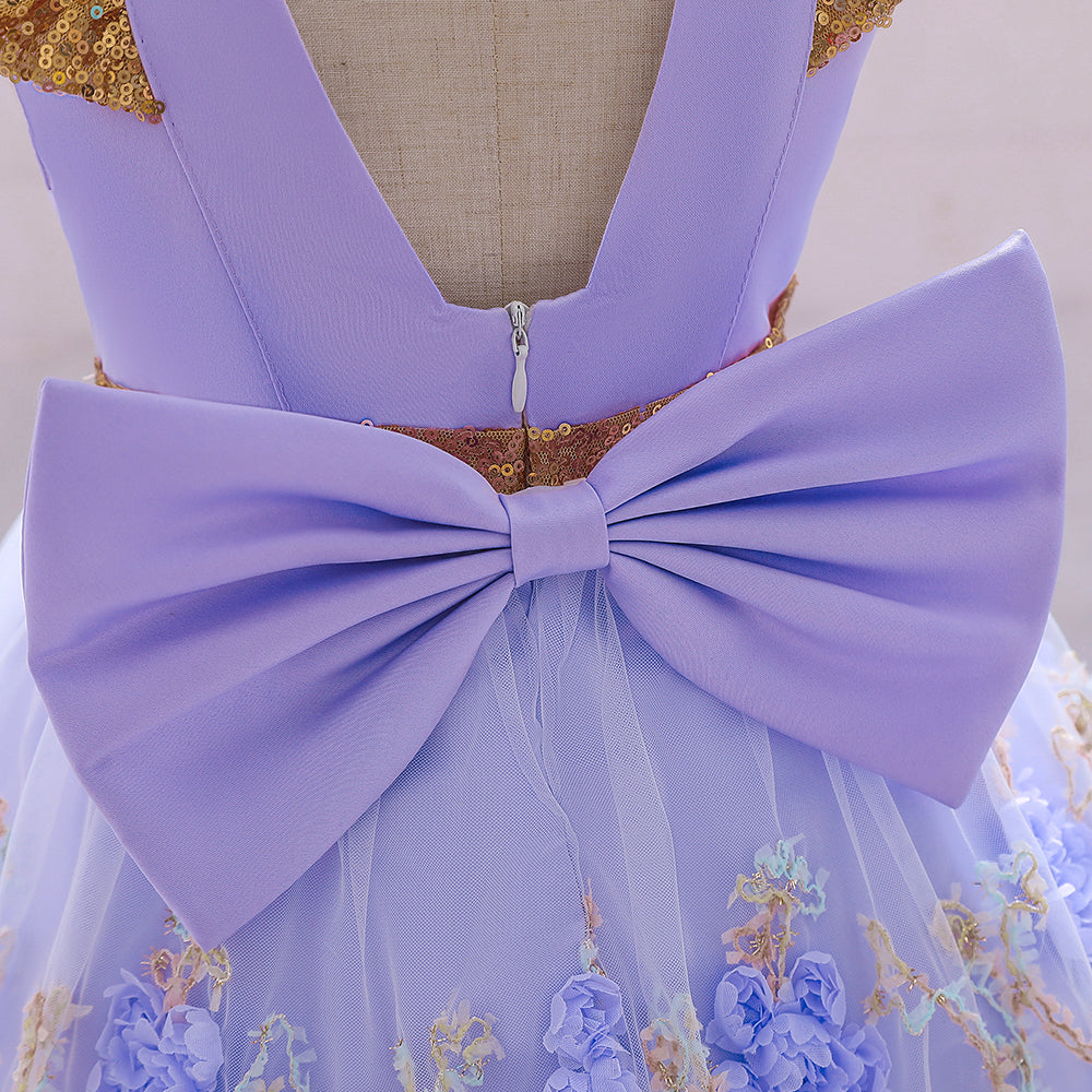 Girls Purple Floral Embroidered Bow Fit & Flare Midi Dress