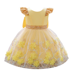 Girls Yellow Floral Embroidered Sequinned Balloon Dress