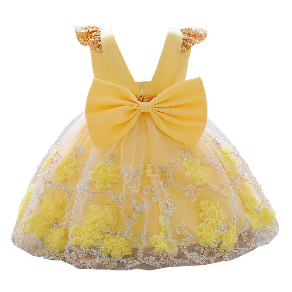 Girls Yellow Floral Embroidered Sequinned Balloon Dress