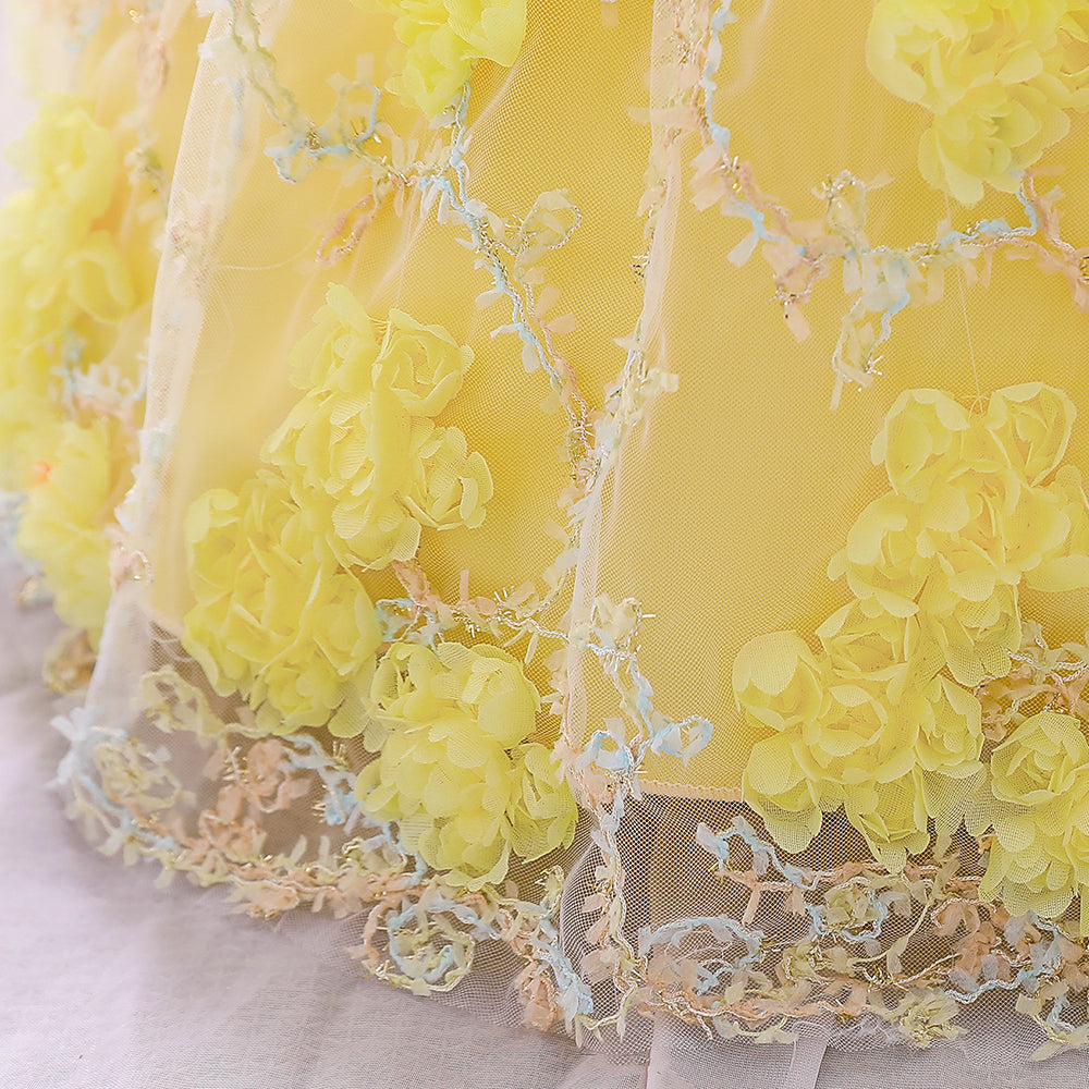 Girls Yellow Floral Embroidered Sequinned Balloon Dress