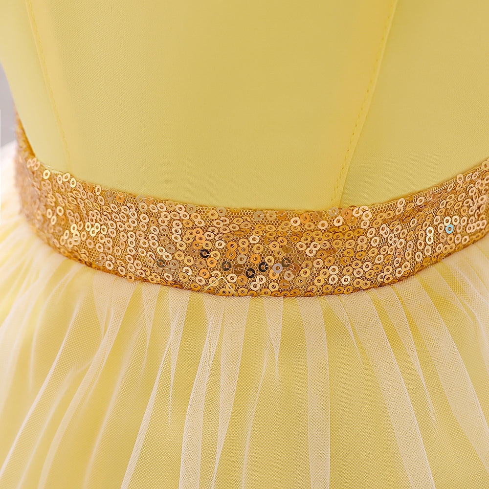 Girls Yellow Floral Embroidered Sequinned Balloon Dress