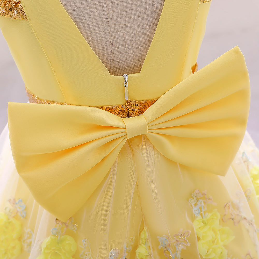 Girls Yellow Floral Embroidered Sequinned Balloon Dress