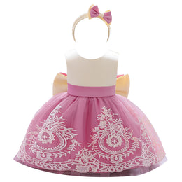 Girls Pink & White Bohemian Self Design Bow Detail Balloon Dress With Hairband