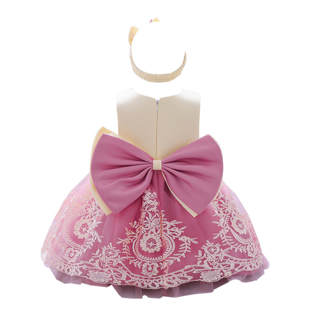 Girls Pink & White Bohemian Self Design Bow Detail Balloon Dress With Hairband