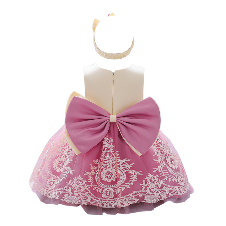 Girls Pink & White Bohemian Self Design Bow Detail Balloon Dress With Hairband
