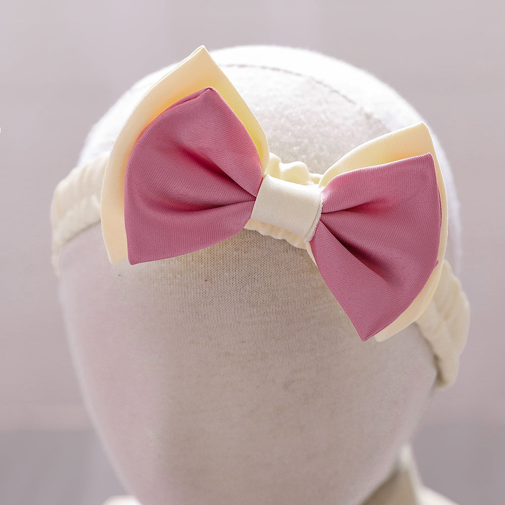 Girls Pink & White Bohemian Self Design Bow Detail Balloon Dress With Hairband