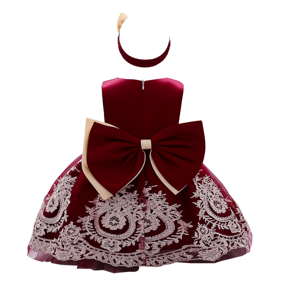 Girls Maroon Embroidered Fit & Flare Dress