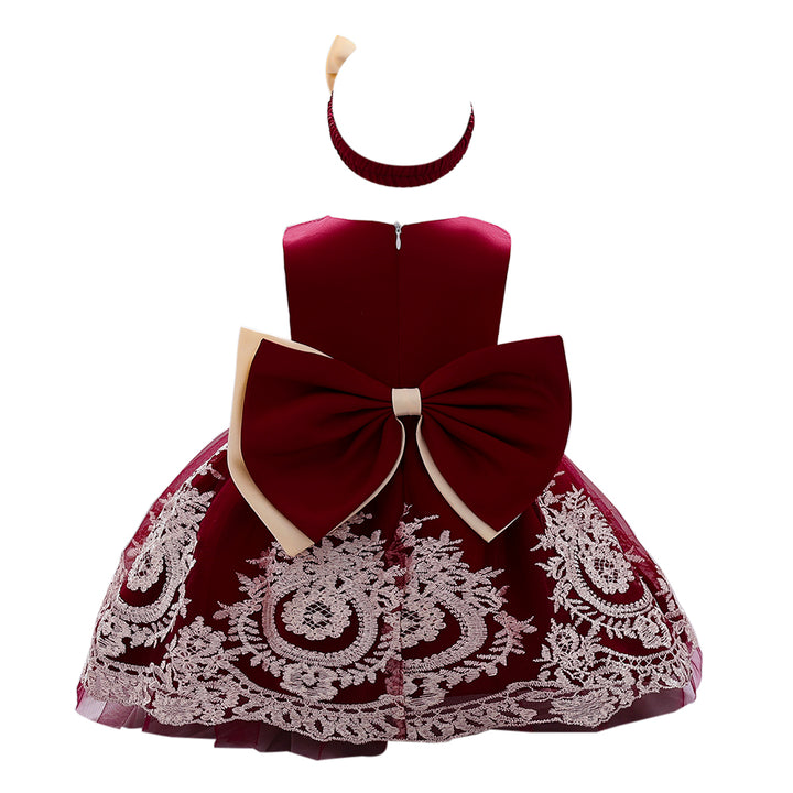 Girls Maroon Embroidered Fit & Flare Dress