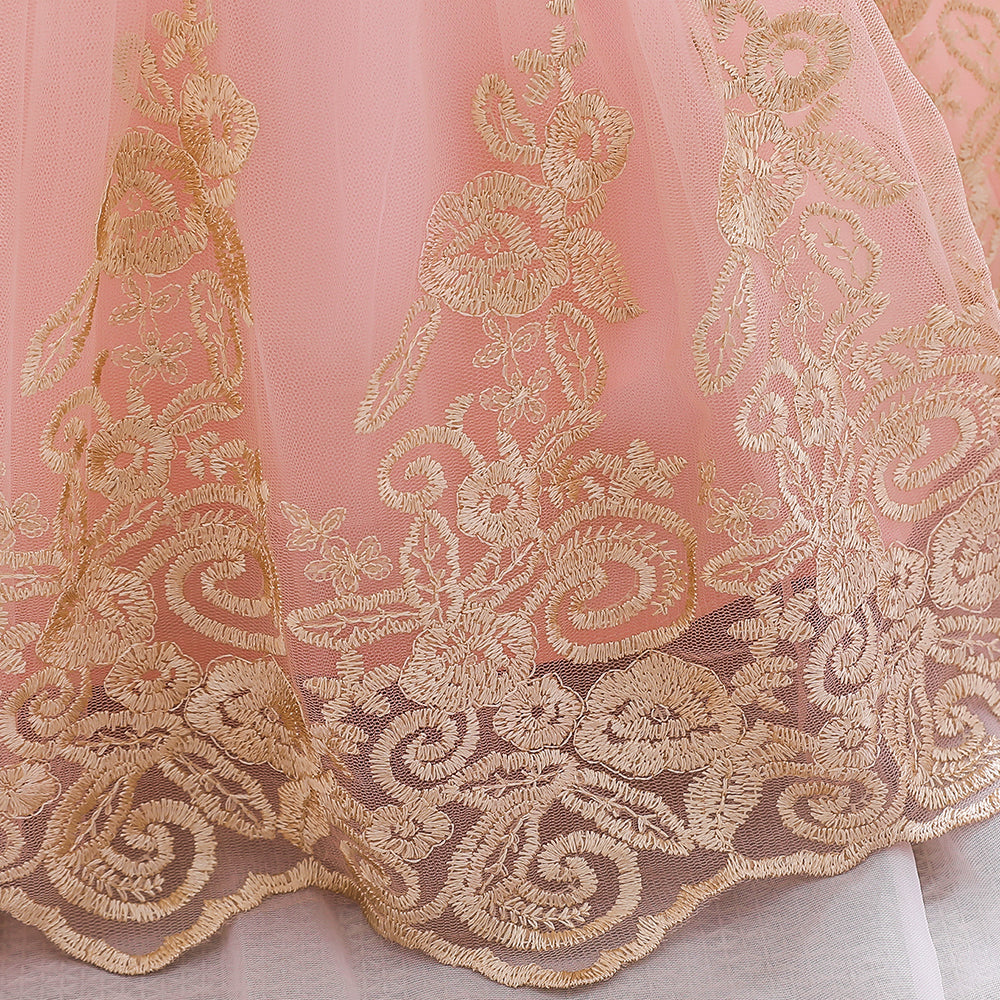 Girls Pink Floral Embroidered Fit & Flare Maxi Dress