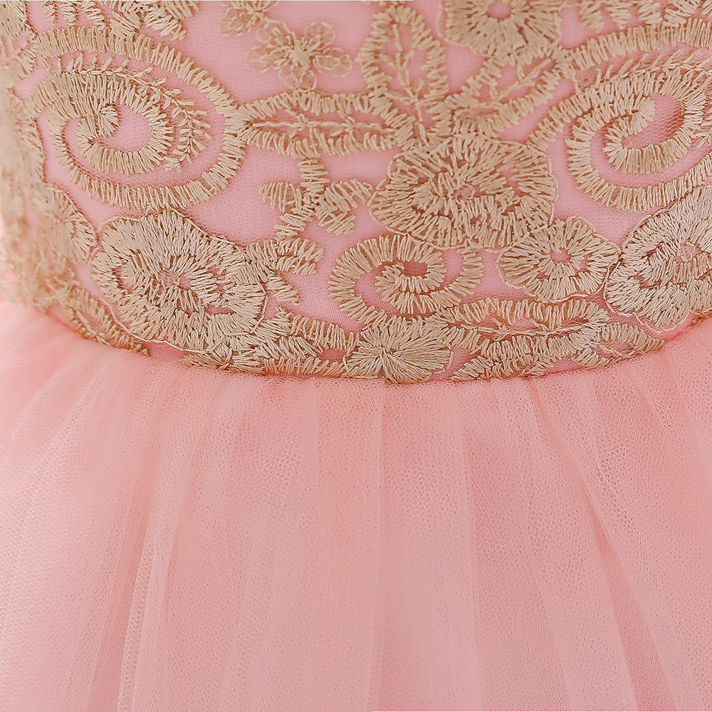 Girls Pink Floral Embroidered Fit & Flare Maxi Dress