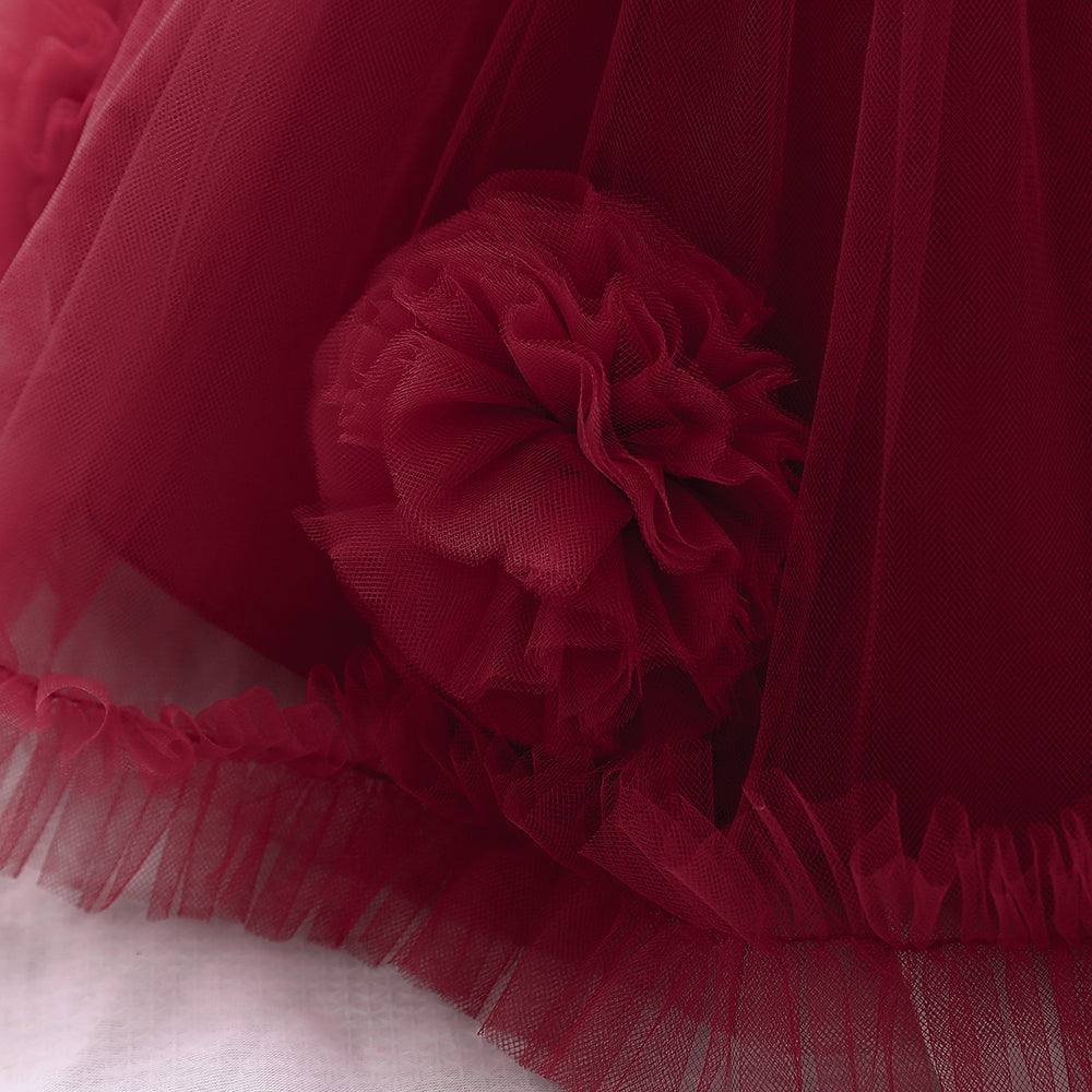 Maroon & blood red Flutter Sleeve Applique Fit & Flare Midi Dress