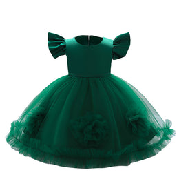 Girls Green Flutter Sleeve Ruffles Fit & Flare Dress
