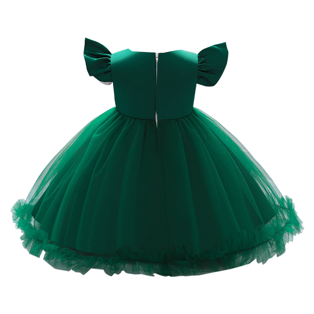 Girls Green Flutter Sleeve Ruffles Fit & Flare Dress