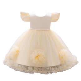 Girls Champagne Round Neck Corsage Detail Balloon Dress