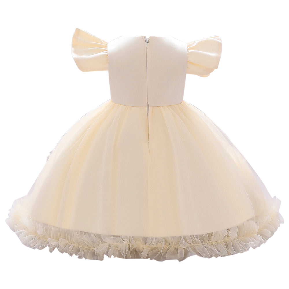 Girls Champagne Round Neck Corsage Detail Balloon Dress