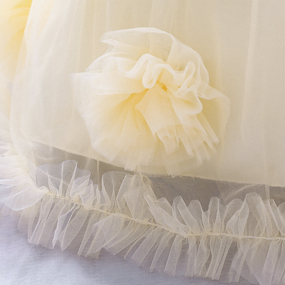 Girls Champagne Round Neck Corsage Detail Balloon Dress