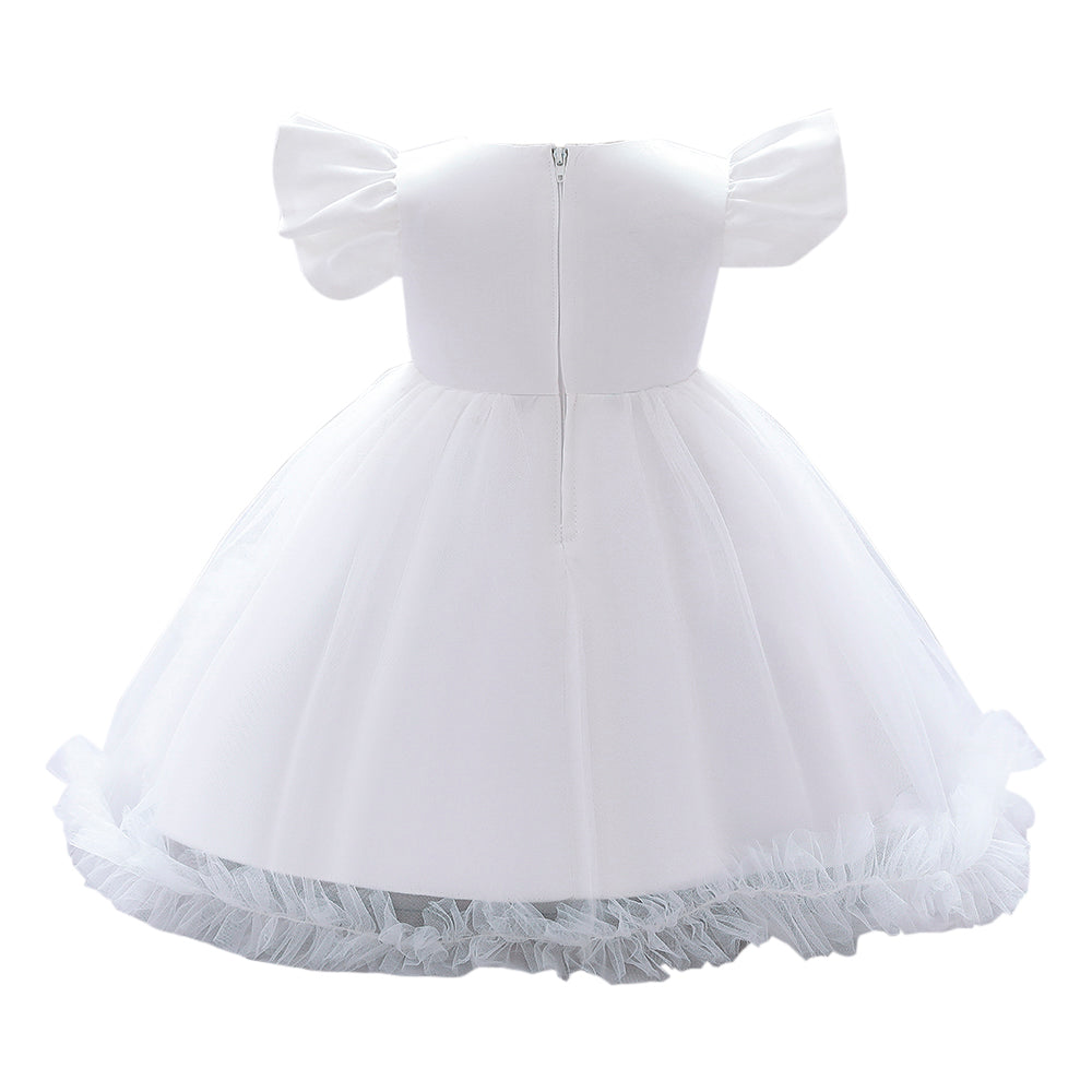 Girls White Flutter Sleeves Ruffled Fit & Flare Dress