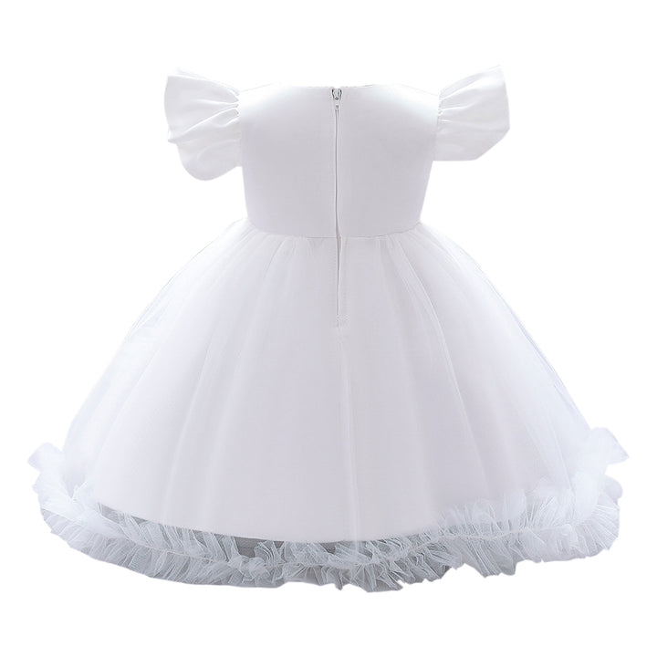 Girls White Flutter Sleeves Ruffled Fit & Flare Dress