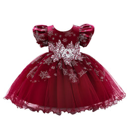 Maroon & claret Embellished Embroidered Puff Sleeve Applique Fit & Flare Dress