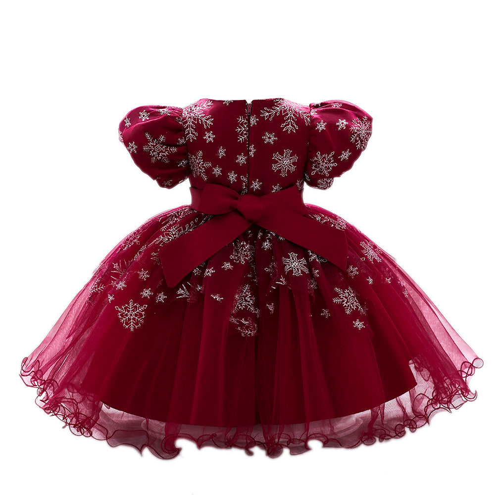 Maroon & claret Embellished Embroidered Puff Sleeve Applique Fit & Flare Dress