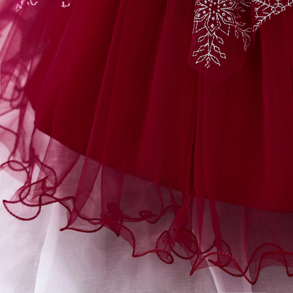 Maroon & claret Embellished Embroidered Puff Sleeve Applique Fit & Flare Dress