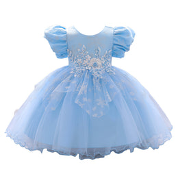 Girls Blue Embellished Puff Sleeve Cotton Fit & Flare Dress