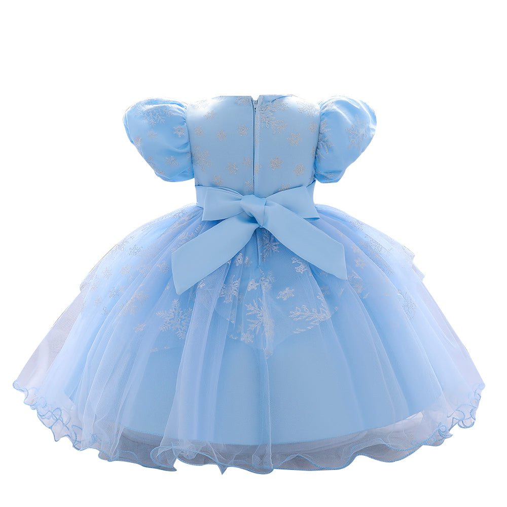 Girls Blue Embellished Puff Sleeve Cotton Fit & Flare Dress