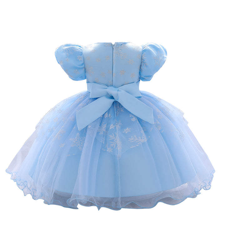 Girls Blue Embellished Puff Sleeve Cotton Fit & Flare Dress