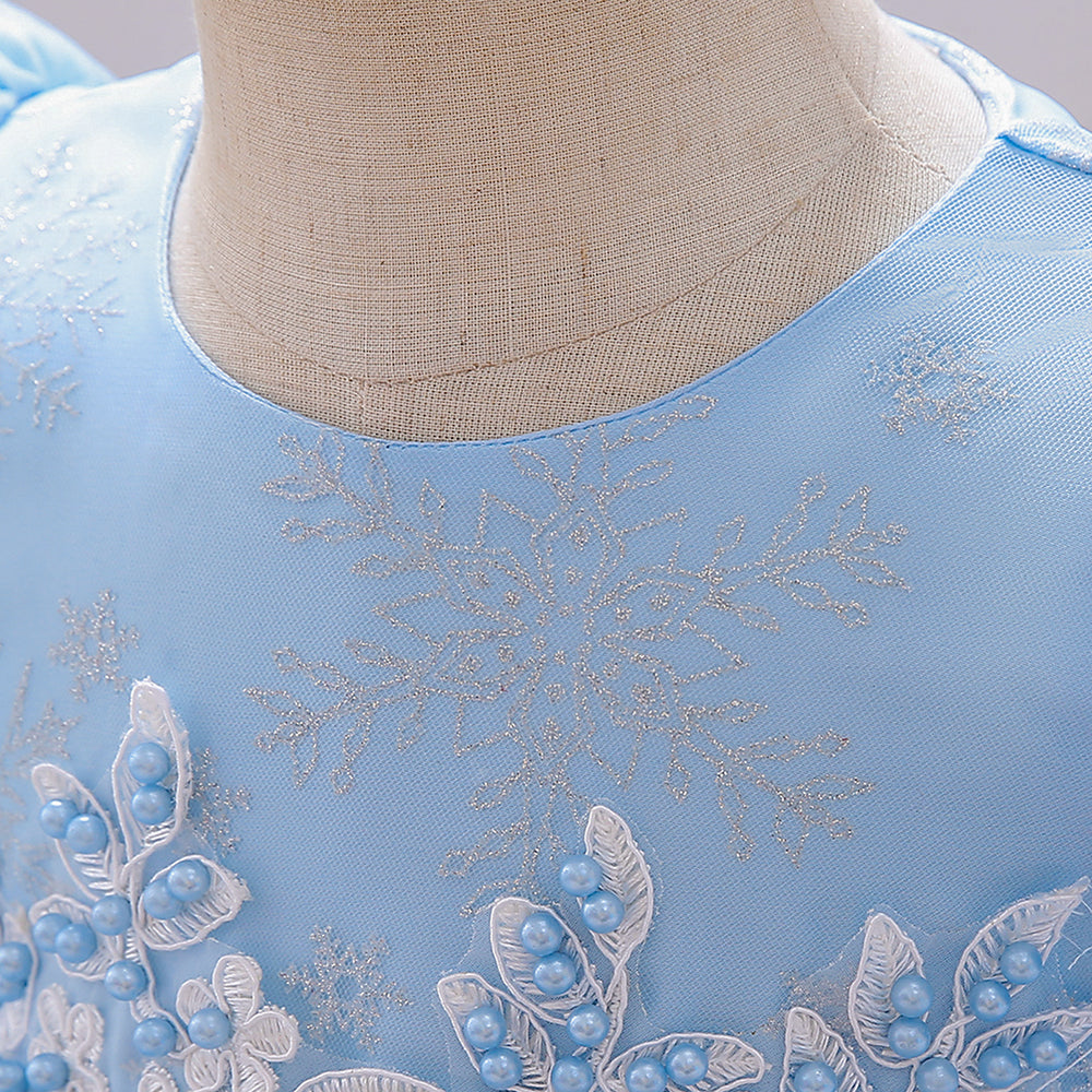 Girls Blue Embellished Puff Sleeve Cotton Fit & Flare Dress