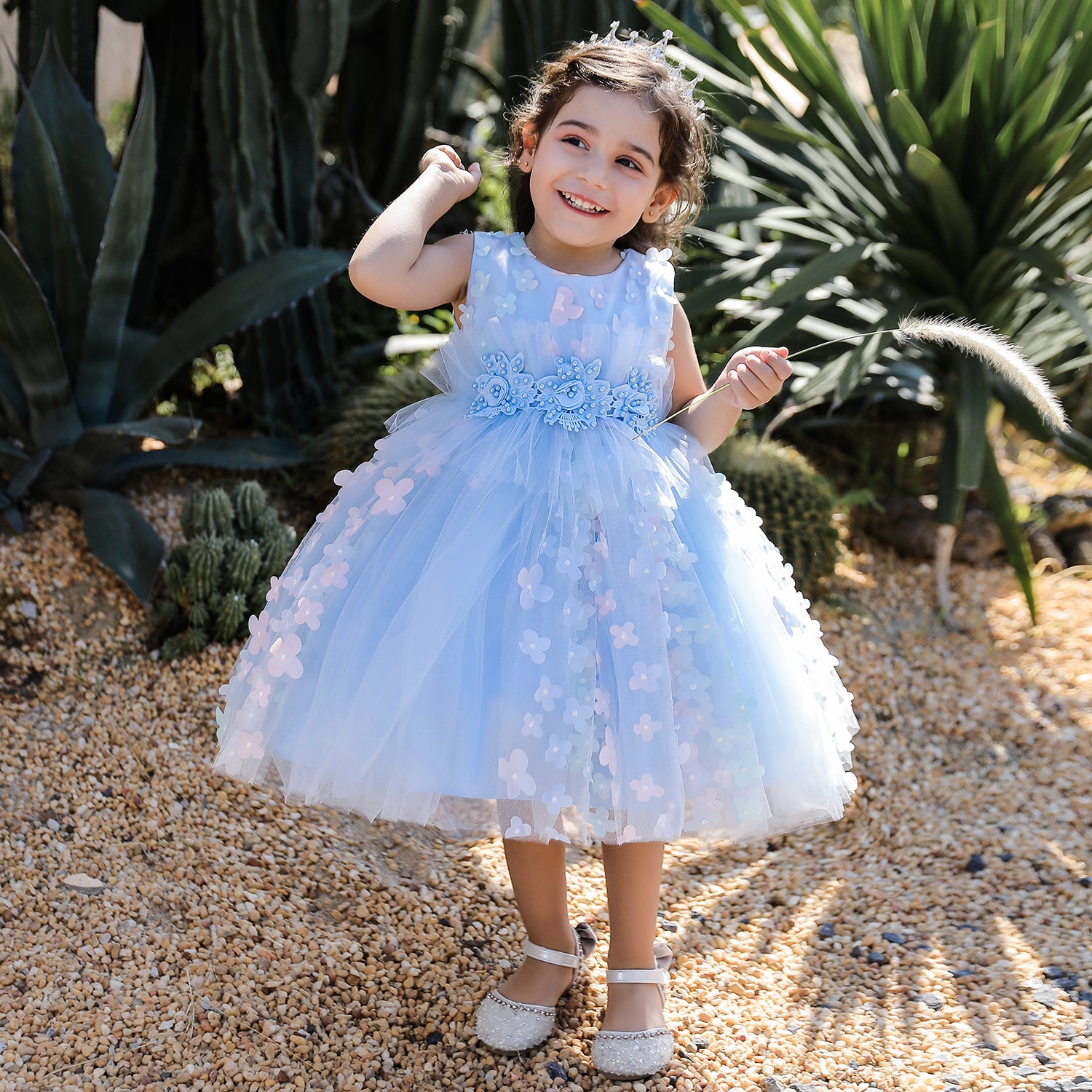 Blue Floral Applique Fit & Flare Dress