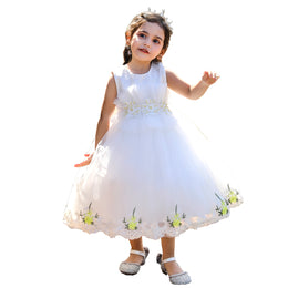 Girls White Floral Embrroidered Ruffled Net Fit & Flare Midi Dress