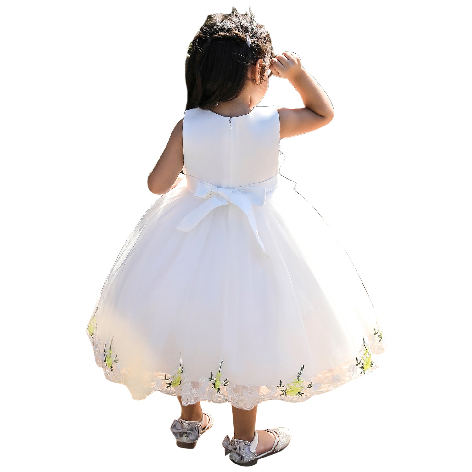 Girls White Floral Embrroidered Ruffled Net Fit & Flare Midi Dress