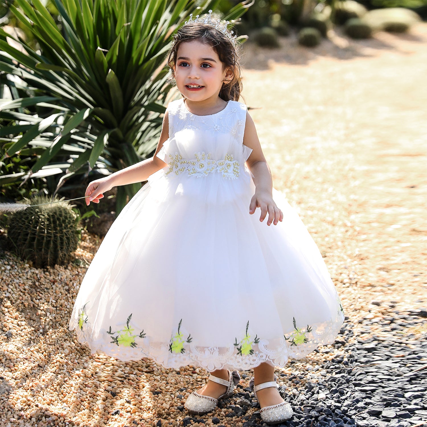Girls White Floral Embrroidered Ruffled Net Fit & Flare Midi Dress