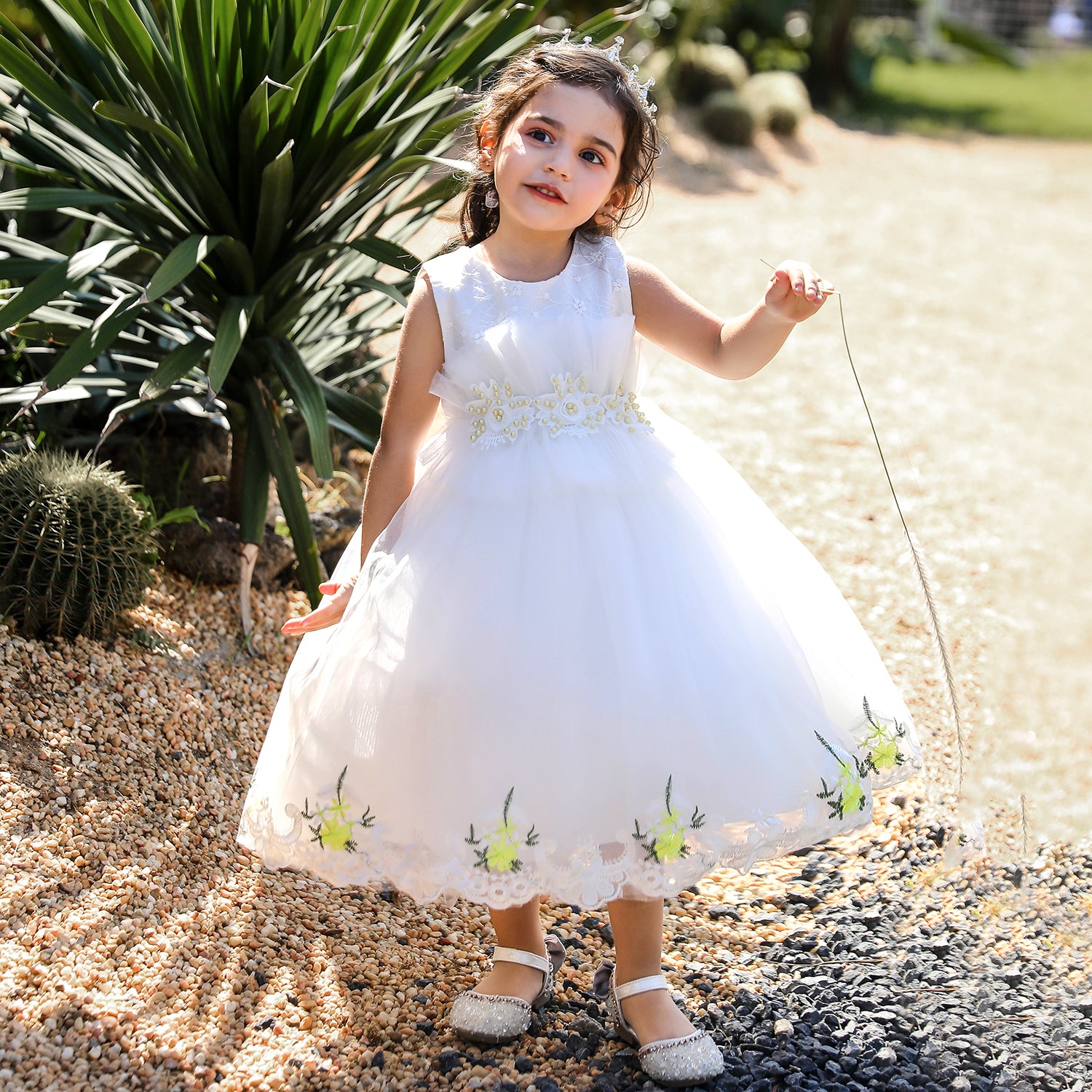 Girls White Floral Embrroidered Ruffled Net Fit & Flare Midi Dress