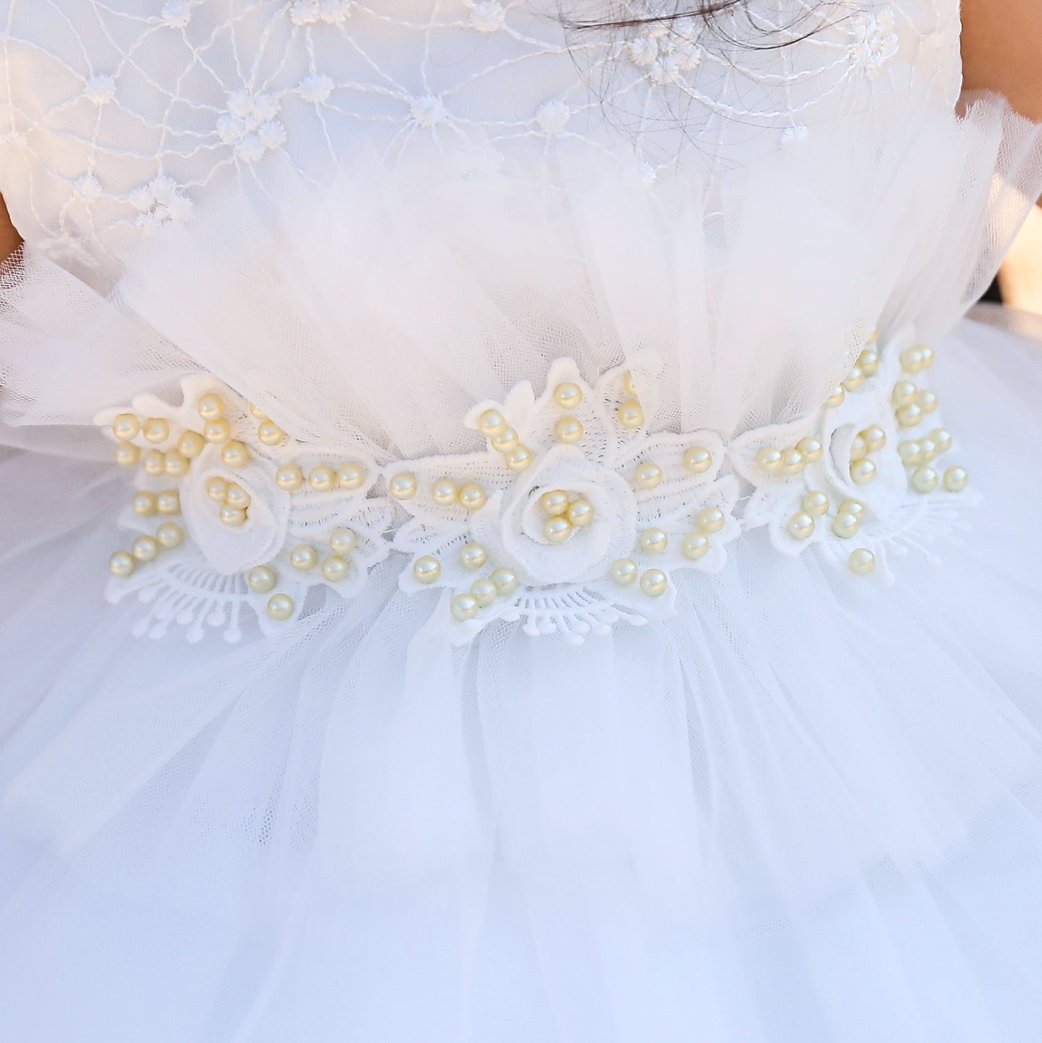 Girls White Floral Embrroidered Ruffled Net Fit & Flare Midi Dress