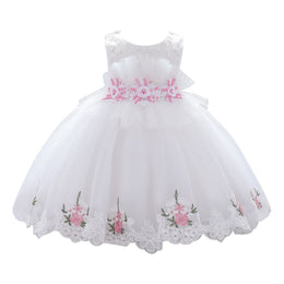 Girls White Embellished Puff Sleeve Cotton Fit & Flare Dress