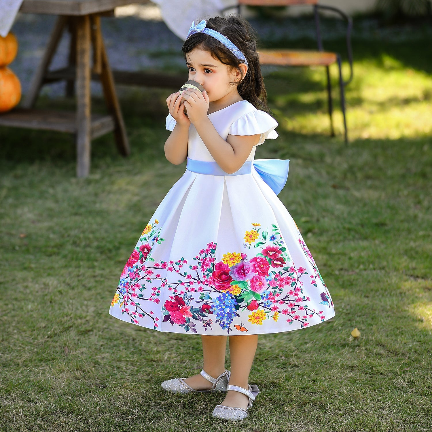 Girls White Floral Printed Fit & Flare Dress