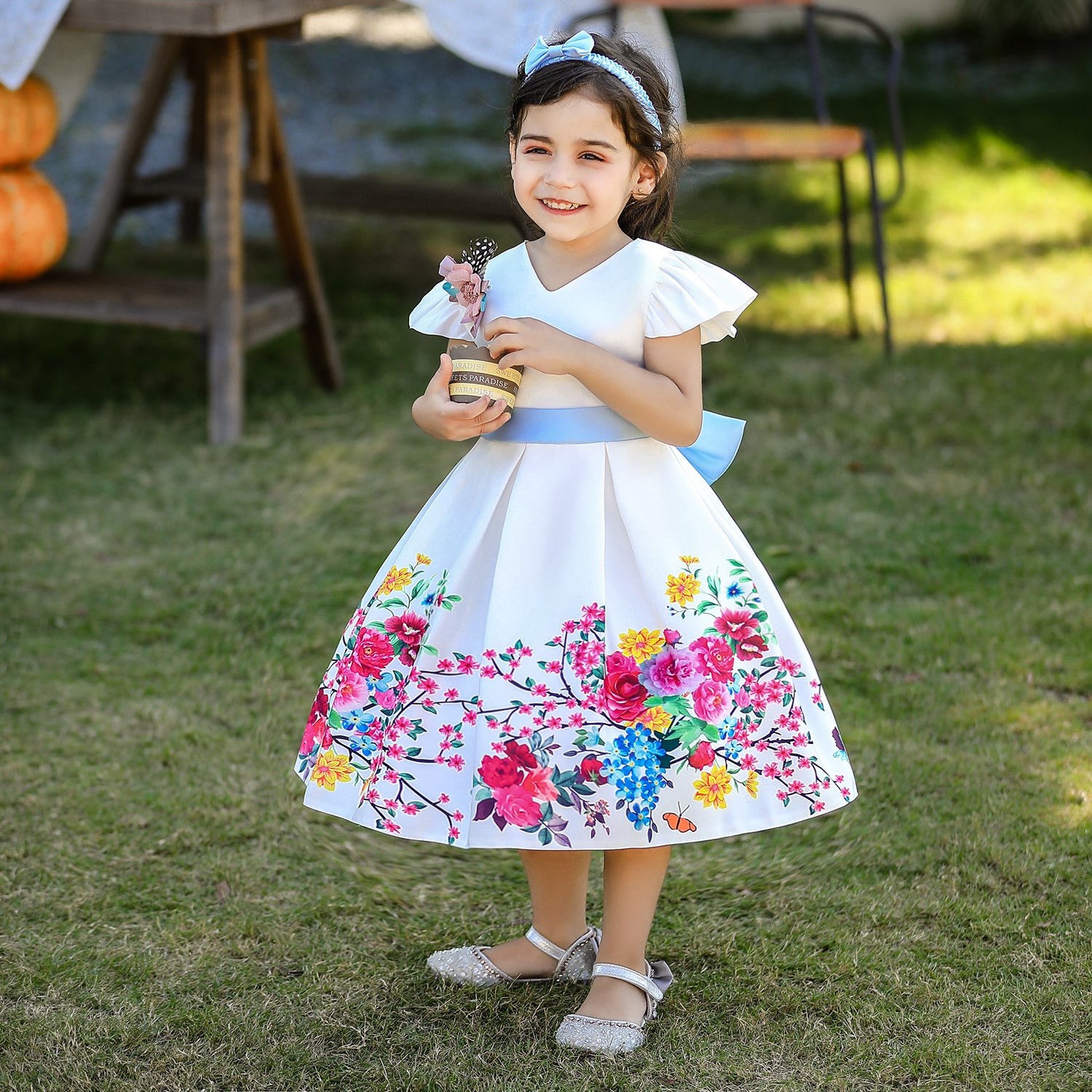 Girls White Floral Printed Fit & Flare Dress