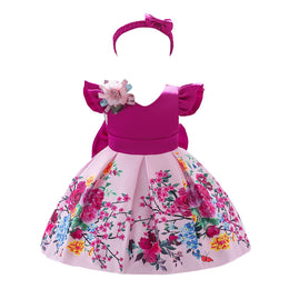 Girls Fuchsia Floral Printed V-Neck Puff Sleeves Party Fit & Flare Midi Dress