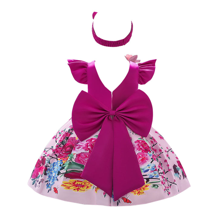 Girls Fuchsia Floral Printed V-Neck Puff Sleeves Party Fit & Flare Midi Dress