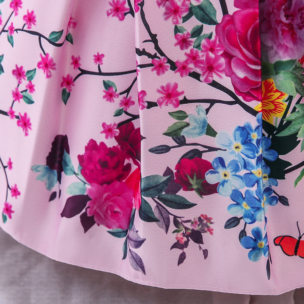 Girls Fuchsia Floral Printed V-Neck Puff Sleeves Party Fit & Flare Midi Dress
