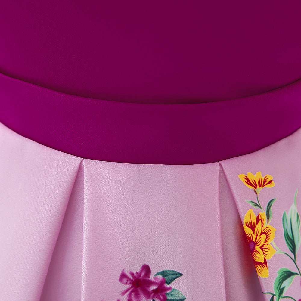 Girls Fuchsia Floral Printed V-Neck Puff Sleeves Party Fit & Flare Midi Dress